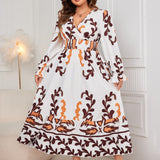 Plus Size Printed Surplice Flounce Sleeve Dress