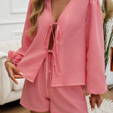 Tied Long Sleeve Top and Shorts Set