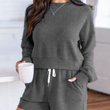 Ribbed Round Neck Long Sleeve Top and Shorts Set