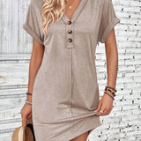 Quarter Button V-Neck Short Sleeve Dress