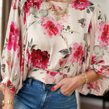 Tied Floral Round Neck Three-Quarter Sleeve Blouse