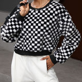 Plaid Round Neck Long Sleeve Sweatshirt