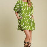 Umgee Two Tone Abstract Print Puff Sleeve Dress