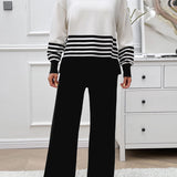 Devine Slit Striped Round Neck Top and Pants Sweater Set