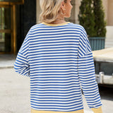 Slit Striped Round Neck Long Sleeve Sweatshirt