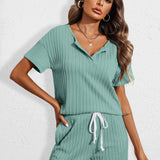 Notched Short Sleeve Top and Shorts Set