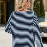 Slit Striped Round Neck Long Sleeve Sweatshirt