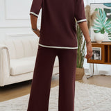 Contrast Trim Half Sleeve Top and Pants Set