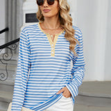 Striped Notched Long Sleeve T-Shirt