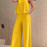 Round Neck Sleeveless Top and Wide Leg Pants Set