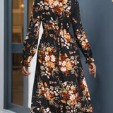 Printed Notched Long Sleeve Midi Dress