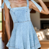 Square Neck Tie Shoulder Denim Dress