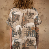 Cowboy Print Round Neck Short Sleeve T Shirt