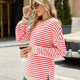 Slit Striped Round Neck Long Sleeve Sweatshirt