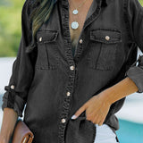Pocketed Collared Neck Long Sleeve Denim Top