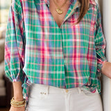 Plaid Collared Neck Three-Quarter Sleeve Blouse