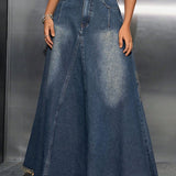 Raw Hem High Waist Denim Skirt with Pockets