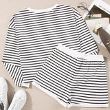 Striped Round Neck Long Sleeve Top and Shorts Set