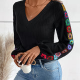 V-Neck Crochet Long Sleeve Top