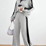 Contrast Collared Neck Long Sleeve Top and Pants Set