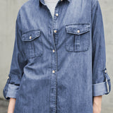Pocketed Collared Neck Long Sleeve Denim Top