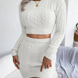 Cable-Knit Round Neck Top and Skirt Sweater Set