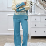 Devine Slit Striped Round Neck Top and Pants Sweater Set