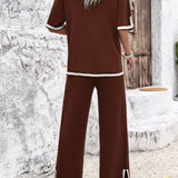 Contrast Trim Round Neck Top and Pants Set