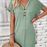 Quarter Button V-Neck Short Sleeve Dress