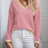 Contrast Trim Striped V-Neck Long Sleeve Knit Top