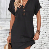 Quarter Button V-Neck Short Sleeve Dress