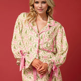 Tied Printed Collared Neck Long Sleeve Top and Shorts Set