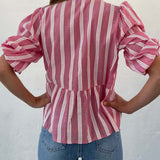 Tied Round Neck Balloon Sleeve Shirt